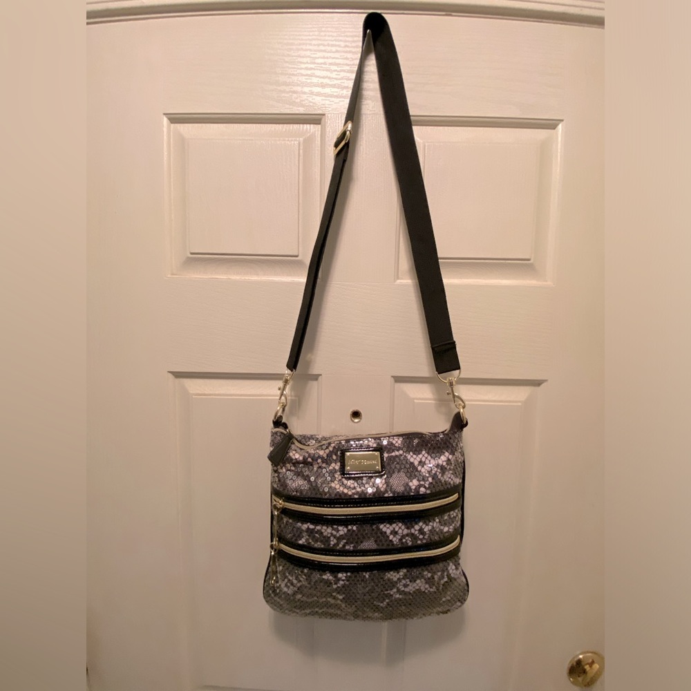 Betsey Johnson Black W/Designs Guitar Strap Purse Two Zipper in Front Like New